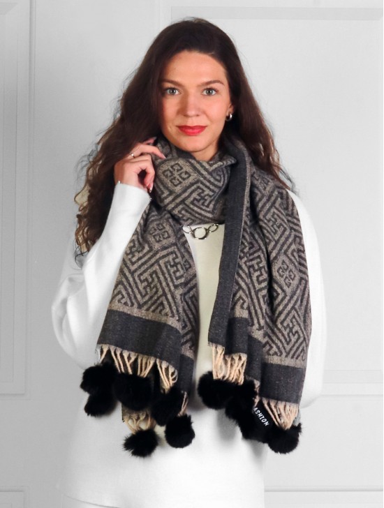 Cashmere Feeling Maze Scarf with Pom-Poms